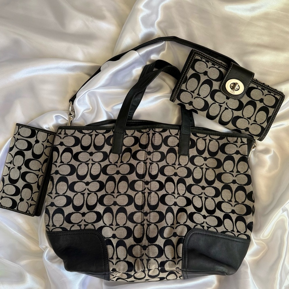 Coach Black and Tan Signature Tote Bag
